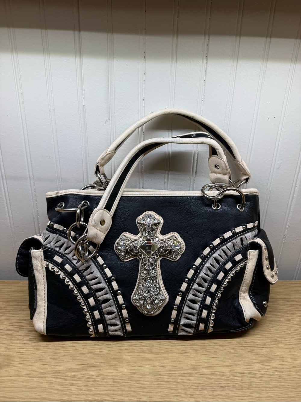 Black and White Embellished Cross Satchel Bag